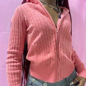 Pink/coral zip up preppy long sleeve sweater / cardigan / hoodie 
 x-small-small